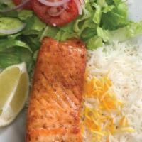 Salmon Kabob · Charbroiled and coated with a mixture of fresh lemon and seasoning, served with Basmati rice...