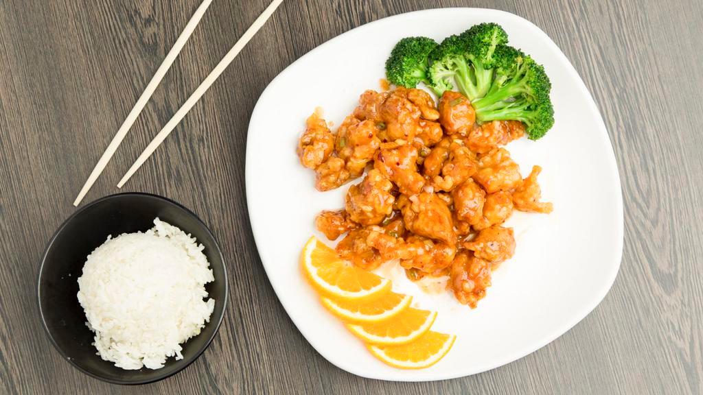 Orange Chicken · Crispy breaded chicken, glazed with a sweet tangy orange sauce. Served with steamed rice, which can be substituted for fried rice/chow mein with an additional charge.