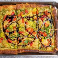 Peppadew Pesto Flatbread · Peppadew peppers/pepperoncini, kale pesto, sunflower mozzarella, balsamic glaze