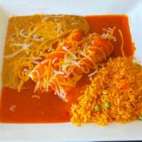 Two Enchiladas · 2 enchiladas of your choice with sauce and melted cheese on top. Sides of rice and refried b...