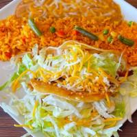 Two Crispy Tacos · 2 hard shell tacos with your choice of meat and lettuce & cheese on top. Sides of rice and r...