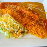 One Crispy Taco & Enchilada · 1 crispy taco and 1 enchilada with sides of rice and refried beans.
