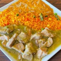 Pork Chile Verde · Chunks of pork in our Chile verde sauce. Sides of rice, refried beans, and 3 tortillas