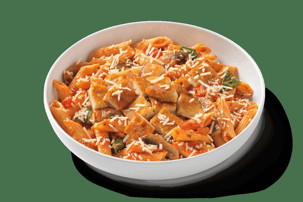 Penne Rosa With Parmesan-Crusted Chicken · Penne noodles in spicy tomato cream sauce, parmesan-crusted chicken, mushrooms, tomato and spinach topped with your choice of parmesan or feta. . S .