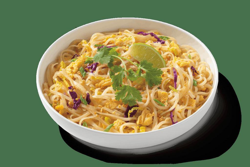 Pad Thai · Rice noodle stir-fry with scrambled egg, napa and red cabbage topped with peanuts, green onions,  cilantro and a lime wedge. Try with sautéed shrimp.. G-S