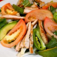 Grilled Chicken Salad · Grilled chicken, avocado, tomatoes, green bell peppers and onions