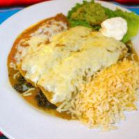 Andrea'S Special · Spinach enchiladas covered with a green tomato sauce. Served with rice and beans