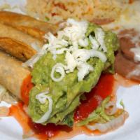 Taquitos · 3 taquitos, served with rice, beans and guacamole