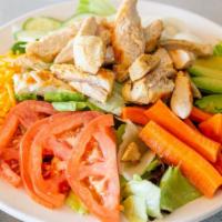 Grilled Chicken Salad
 · Grilled chicken breast on top of a bed of lettuce, with tomatoes, cucumbers, carrots, avocad...