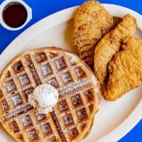 Waffle & Chicken Strips · Belgian waffle and 3 chicken strips.