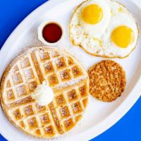 Waffle Breakfast · Belgian waffle served with bacon or sausage, and 2 eggs.