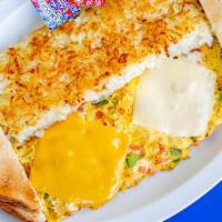 Vegetarian Omelette · Eggs, green and red bell peppers, onions, tomatoes, and melted American & Swiss cheeses. Ser...
