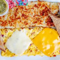Bacon Omelette · Crispy bacon bits, eggs, and melted American and Swiss cheeses. Served with fresh hash brown...