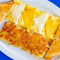 Cheese Omelette · Eggs, and melted American & Swiss cheeses. Served with fresh hash browns and toast.