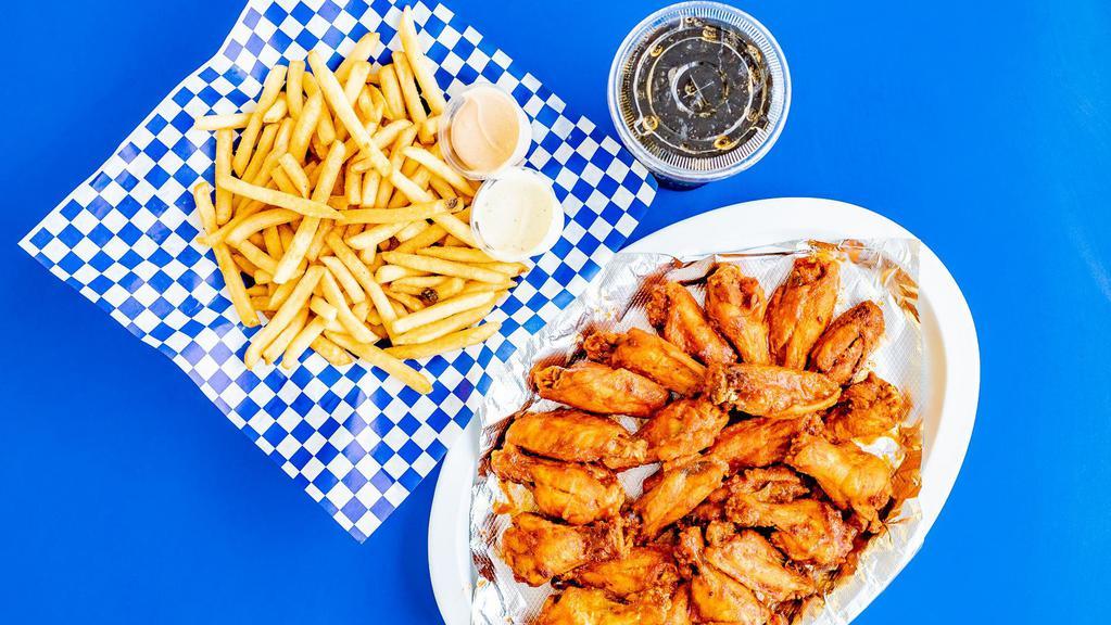 24 Wings Combo · 24 homemade chicken wings, choice of sauce. Comes with large fries and a large drink.