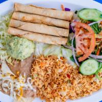 Taquito Plate · 4  taquitos served with our Mexican rice, refried beans, lettuce, sour cream, and fresh guac...
