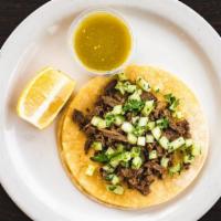 1 Taco · 1 taco (small or large), filled with choice of meat. Topped with fresh cilantro and onions.