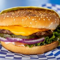 Cheeseburger · Sesame seed bun, hamburger patty, melted American cheese, lettuce, tomato, red onions, pickl...