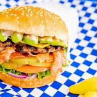 Avocado Bacon Cheeseburger · Sesame seed bun, hamburger patty, fresh avocado, crispy bacon, melted American cheese, lettu...