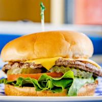 Junior Cheeseburger · Junior bun, hamburger patty, melted American cheese, lettuce, tomato, pickles and our signat...