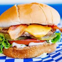 Junior Bacon Cheeseburger · Junior bun, hamburger patty, crispy bacon, melted American cheese, lettuce, tomato, pickles ...