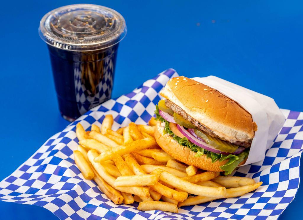 Hamburger Combo · Sesame seed bun, hamburger patty, lettuce, tomato, red onions, pickles, and our signature 1000 Island dressing. Comes with French fries and a drink.