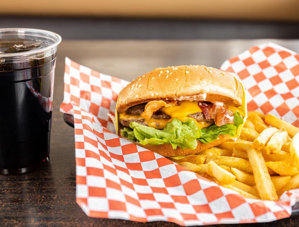 Double Bacon Cheeseburger Combo
 · Sesame seed bun, 2 hamburger patties, 2 slices of melted American cheese, crispy bacon, lettuce, tomato, red onions, pickles, and our signature 1000 Island dressing. Comes with French fries and a drink.