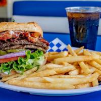 Double Colossal Burger Combo · Sesame seed bun, 2 hamburger patties, juicy pastrami, lettuce, tomato, red onions, pickles, ...