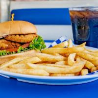 Crispy Chicken Sandwich Combo · Junior bun, 2 chicken strips, lettuce, tomato, and mayo. Comes with French fries and a drink.