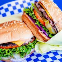 2 Cheeseburgers For 12.99! · Sesame seed bun, hamburger patty, melted American cheese, lettuce, tomato, onions, pickles, ...