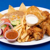 Fried Chicken Dinner · 4 pieces of fried chicken. Served with our fresh Mexican rice, refried beans, French fries, ...