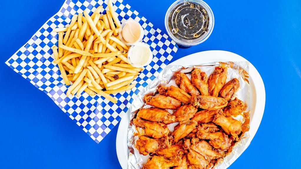 24 Wings Combo · 24 homemade chicken wings. Comes with large fries and a large drink.