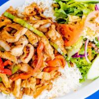 Chicken Teriyaki · Grilled chicken, red and green bell peppers, and onions covered in Teriyaki sauce. Served wi...