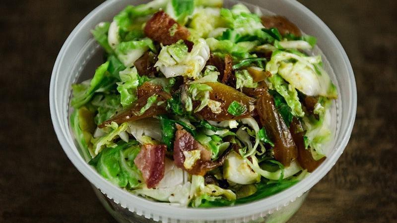 Shaved Brussels Sprouts · Bacon & caramelized onions.