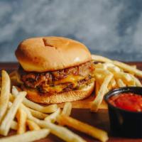 The Og Burger With Fries · Aged Angus Beef with Cheddar cheese, mustard, pickle, and caramelized onion on a white bun a...