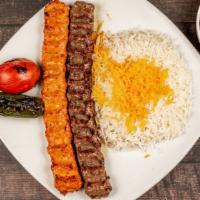 Koobideh Combo · Two skewers of juicy strips of grilled, seasoned ground beef and ground chicken. Served with...