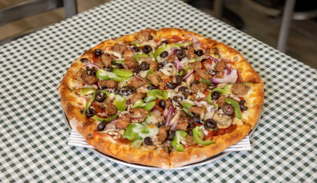 Medium Big Z · Red Sauce, Mozzarella Cheese, Canadian Bacon, Pepperoni, Mushroom, Bell Pepper,  Onion, Black Olive and Sausage