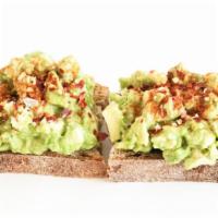 Avocado Toast · toast with our avocado mash and topped with crushed red pepper and Maldon salt.