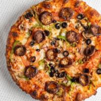 Beef Sujuk Pizza · Beef Sujuk, Tomato, Green Pepper, Red Onion, Mushroom, Olive