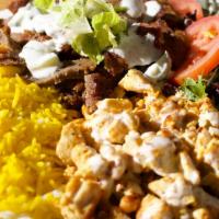 Combo Plate · Combination of chicken shawarma and gyro.