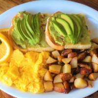 Avocado Toast · Toasted artisan bread with guacamole and avocado served with country potatoes scrambled tofu...