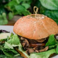 Sauté Mushrooms Vegan Burger · Homemade plant-based-soy-free-GF patty and sauté mushrooms. tomatoes, butter lettuce, vegan ...