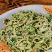 Pesto Alfredo Pasta - Vegan · Fettuccine pasta, broccoli, zucchini, mushrooms, bell pepper, with vegan cashew Alfredo sauc...