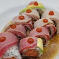 Spicy Tataki Roll · Spicy tuna and cucumber inside, seared tuna, seared albacore, avocado, green onions, and pon...