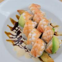Tiger Roll · Deep fried shrimp, imitation crab, and avocado inside, steamed shrimp, avocado, mayo, and ee...