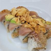 Albacore Delight Roll · Spicy albacore and cucumber inside, albacore, avocado, green onions, ponzu, and deep fried g...