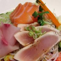 Sashimi Salad · Tuna, salmon, albacore, white fish, spring mix, carrots, lettuce, radish, sesame seed, sprou...