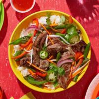 Beef Rice Bowl · Build your own bowl with beef marinated in house herbs and spices, your choice of base, topp...