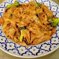 Pad See-Ew · Flat rice noodle stir-fried with egg, black bean sauce, bok choy, and broccoli with your cho...