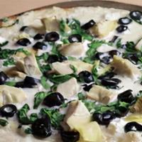 Mediterranean Pizza · Alfredo sauce, mozzarella, feta, spinach, artichoke hearts, black olives.